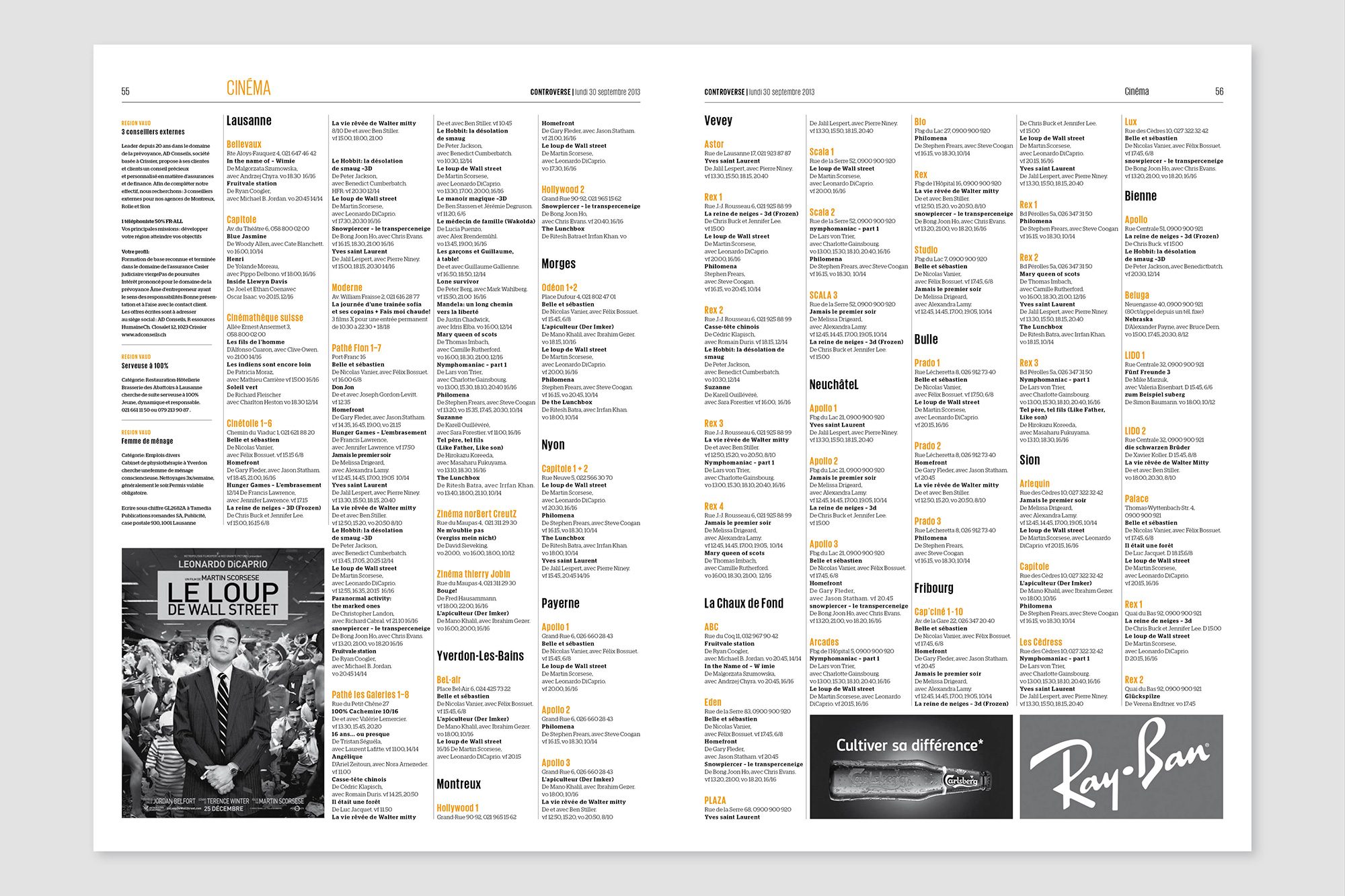 Double page de la rubrique Cinéma et ses grilles de programmes.